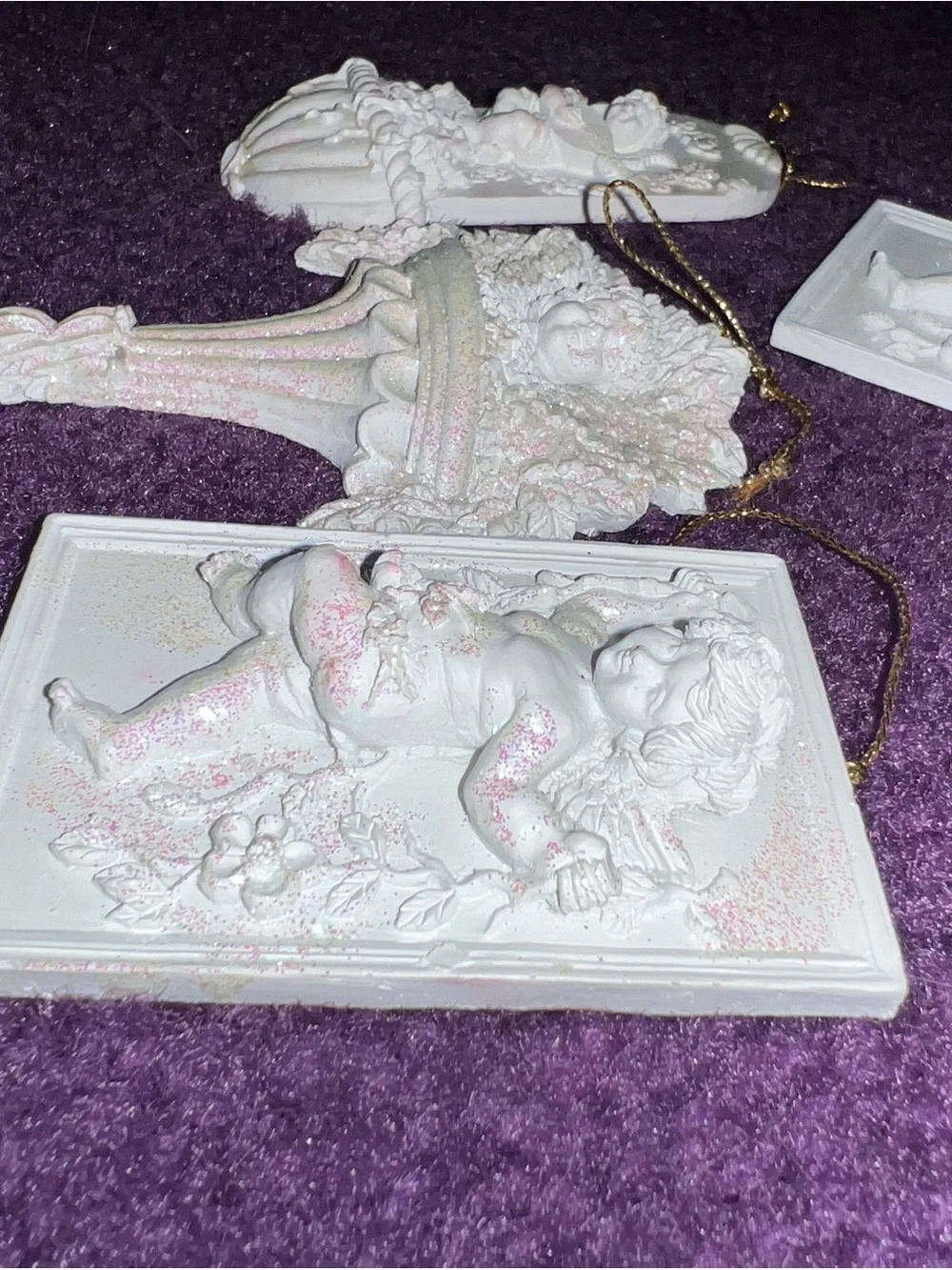 Vintage Baroque Ceramic Cherub Angel Holiday Christmas Ornaments White Glitter